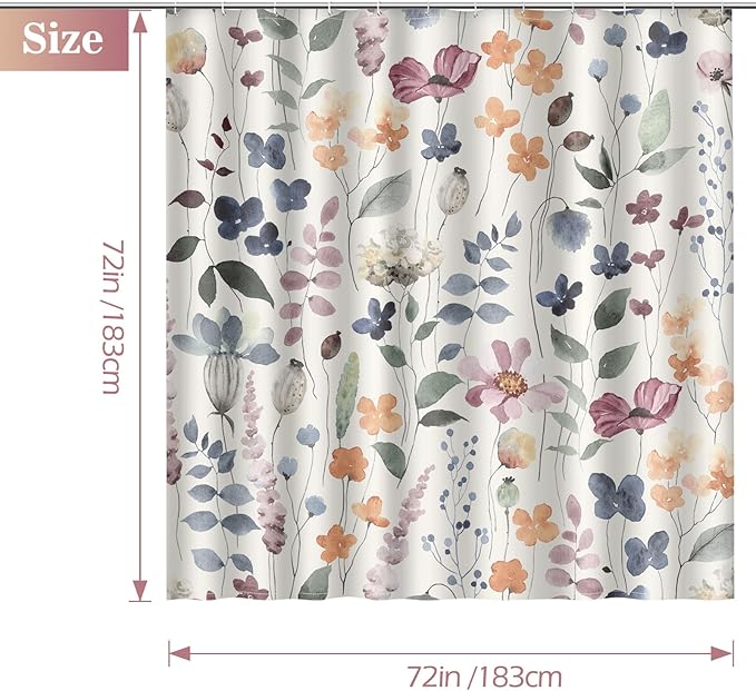 Aimego Spring Floral Shower Curtain -Colorful Watercolor Ink Flowers Plant Summer Nature Botanical Fabric Cloth Bath Shower Curtain Set with 12 Hooks for Bathroom Decor Accessories, 72"x72"