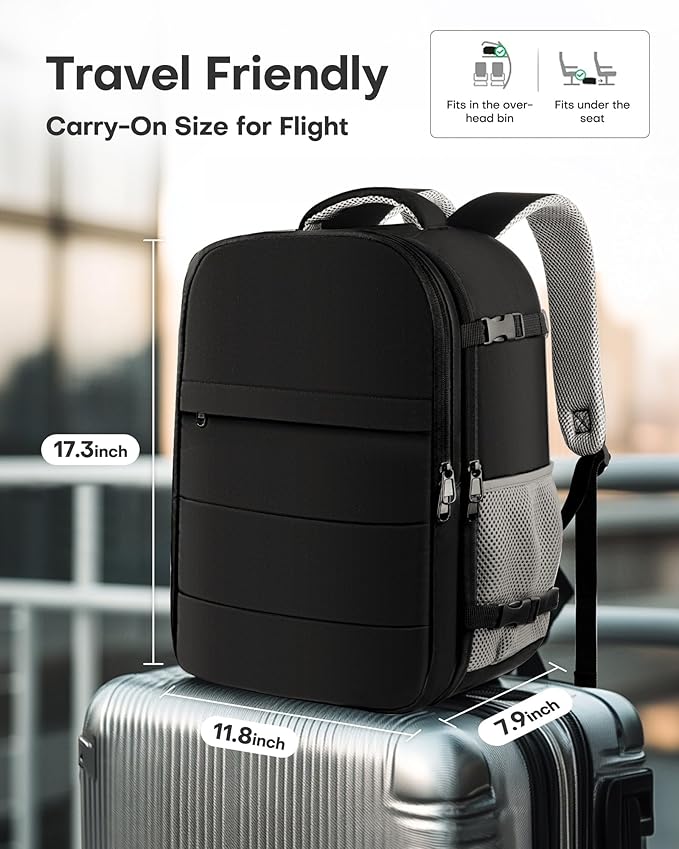 HOTOR Travel Backpack - Flight Approved Travel Bag for Men and Women, Carry on Luggage for 15.6" Laptop and Travel Essentials for Work, Business, Weekender, College 11.8"x7.9"x17.3" (Black)