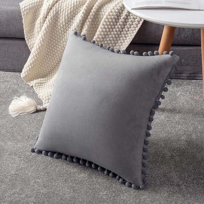 DEZENE Decorative Pillow Cases 24x24 Light-Grey: 2 Pack Cozy Soft Pom-poms Velvet Square Throw Pillow Covers for Farmhouse Home Decor