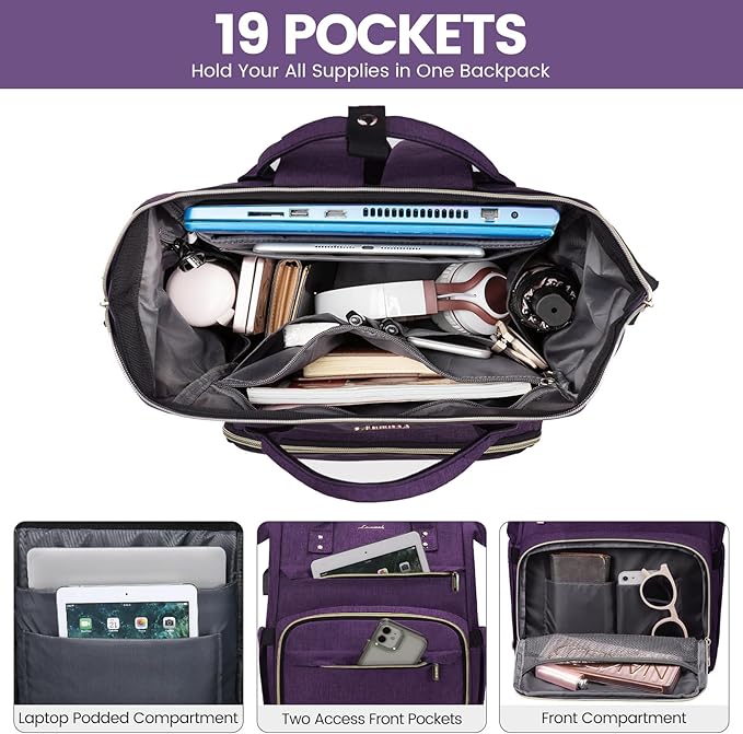 LOVEVOOK Laptop Backpack for Women,15.6 Inch Professional Womens Travel Backpack Purse Computer Laptop Bag Nurse Teacher Backpack,Waterproof Work Bags Carry on Back Pack with USB Port,Dark Purple