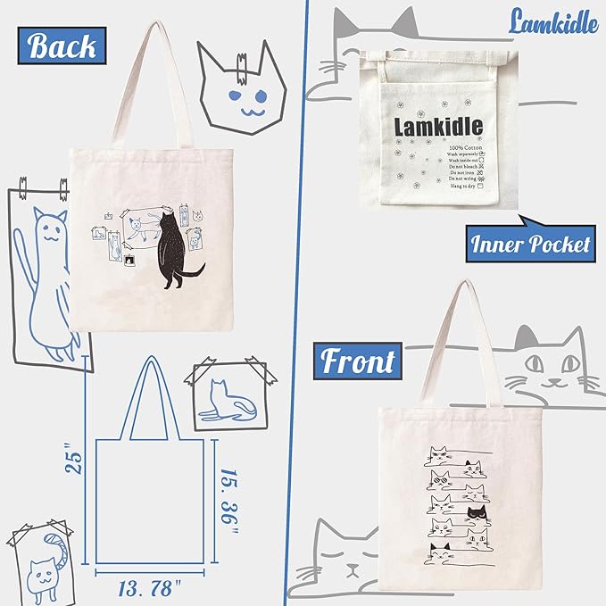 Cute Cat Tote Bag Aesthetic Funny Cats Tote Bag Cotton Canvas Bag for Women Gift Bag Reusable Grocery Bag Beach Bag