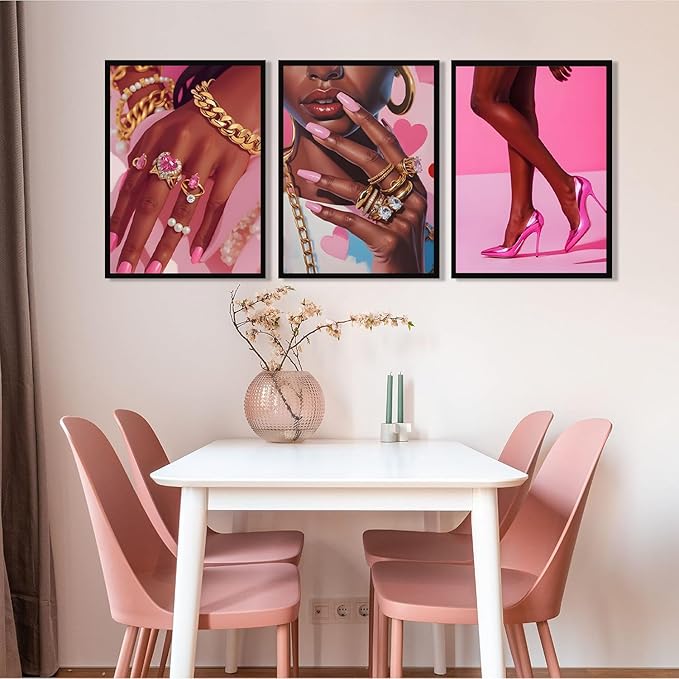 ANVOTIG Pink Fashion Black Girl Canvas Wall Art Set of 3 Black Woman African American Wall Decor Pictures Gorgeous Black Women Artwork Posters Prints for Living Room Bedroom Bathroom 12x16In Unframed