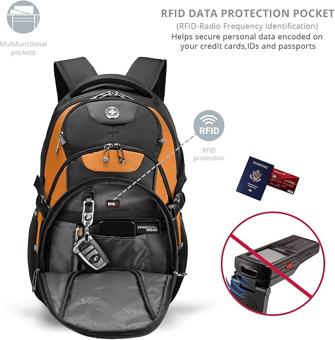 Swissdigital Design Laptop Backpack with USB Charging Port, Travel Backpack Fits 15.6 inches Computer, 31L College School Backpack for Men, Orange/Black | SD803