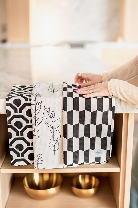 || 3 Pack|| Double Sided || Not Your Ordinary Dish Towels || Waffle Weave Microfiber || Highly Absorbent || Hanging Loop || Dish Cloths || Modern || Designer Prints (Black)