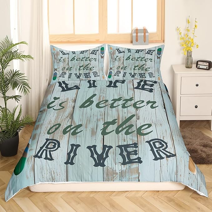 Castle Fairy Lake Life Duvet Cover Set Full Size,Life is Better On The River Comforter Cover with 2 Pillowcases,Paddle Print Retro Wooden Board Breathable Bedspread for Boys Teens,Pillow Sham