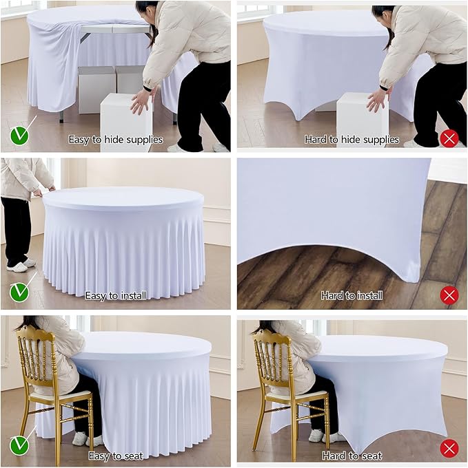 Outpain 12 Pack White Round Spandex Tablecloths for 60in Tables, 120Inch Stretchy Fitted 5FT Round Table Clothes,Wrinkle Free Table Cover with Skirt for Wedding Party Dining Banquet Baby Shower