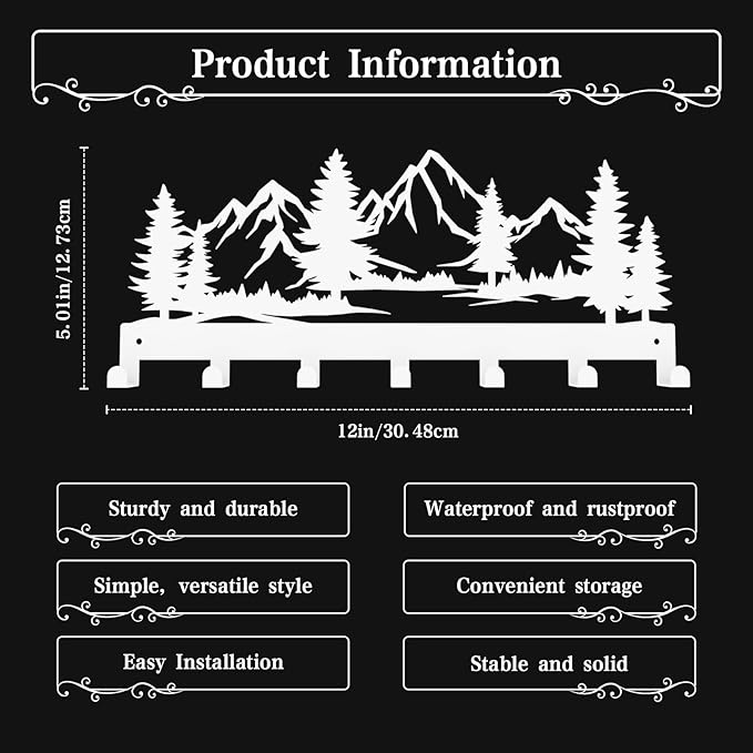 Key Holder Wall Mounted Key Hooks, White Metal Key Rack Hooks, The Great Grove, Mountain Theme Wall Decoration Hooks, with 7 Hooks, Applicable to Front Doors, Lobby,Corridor, Offices (12 ")