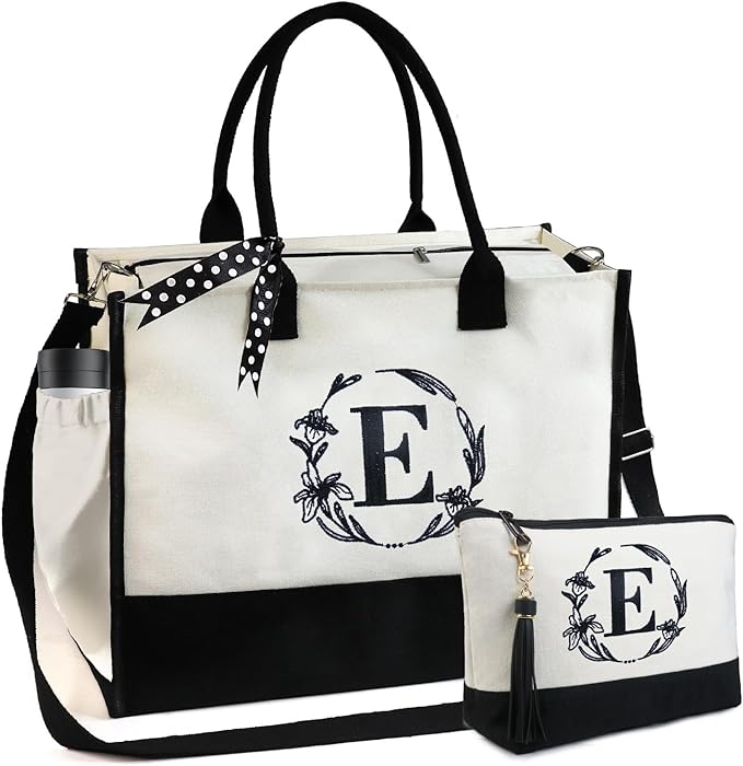BeeGreen Embroidery Monogram Initial Tote Bag for Women Teacher Mom Friend Personalized Gift for Birthday Beach Work Wedding
