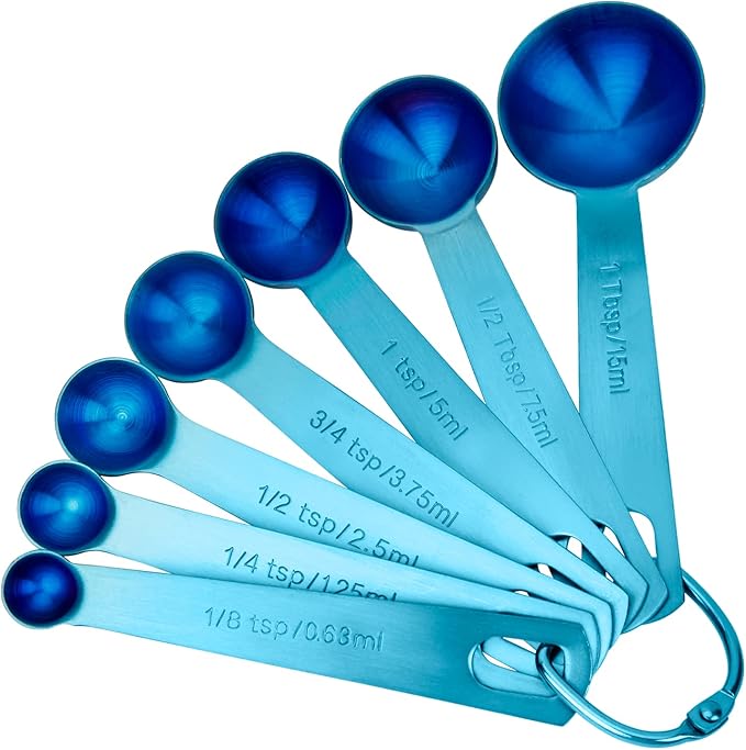 Measuring Spoons, SUS304 Stainless Steel Measuring Cups Set of 7 Piece： 1Tbsp&1/2Tbsp,1tsp,3/4tsp,1/2tsp,1/4tsp,1/8tsp Teaspoon Coffee Scoop Tablespoon for Dry and Liquid Ingredients, Blue