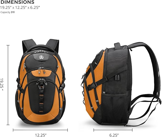 Swissdigital Design Laptop Backpack with USB Charging Port, Travel Backpack Fits 15.6 inches Computer, 31L College School Backpack for Men, Orange/Black | SD803