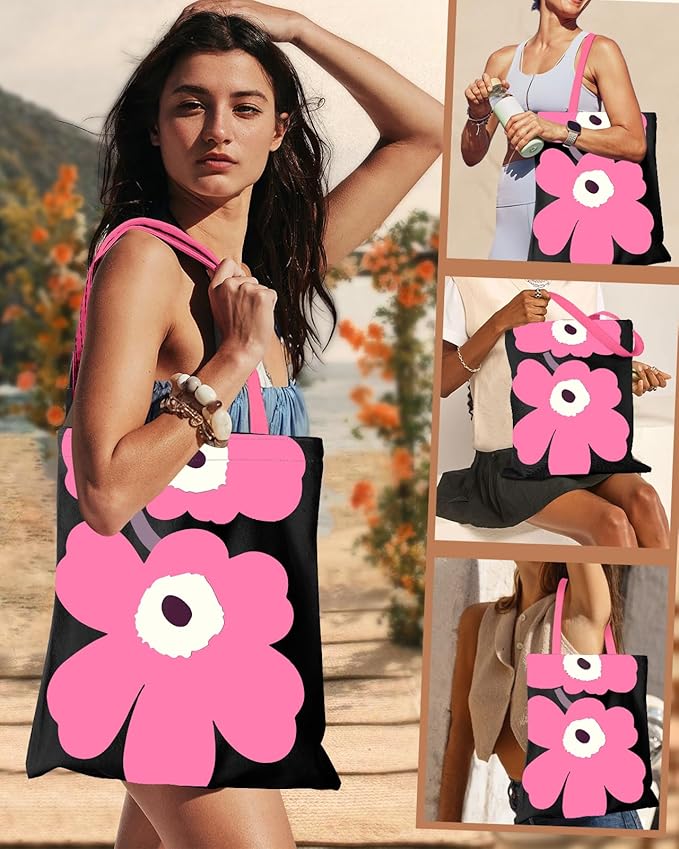 Aesthetic Canvas Tote Bag with Inner Pocket for Women, Cloth Cotton Totes Bag with Pattern for Shopping, Gym