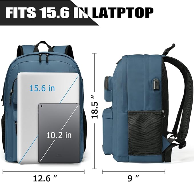 Backpack for School Teen Boys and Girls, Carry-on Lightweight Casual Bookbag with USB Charging Port Fit 15.6 Inch Notebook, Blue