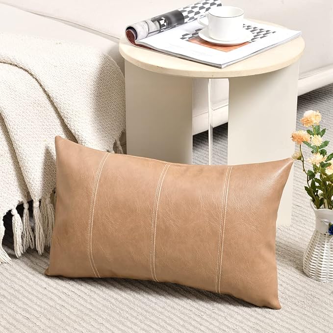 Fancy Homi 2 Packs Tan Lumbar Waterproof Faux Leather Decorative Throw Pillow Covers 12x20 Inch for Outdoor Couch Bed, Beige Hand Stitched Cushion Case 30x50 cm, Taupe Modern Farmhouse Home Decor