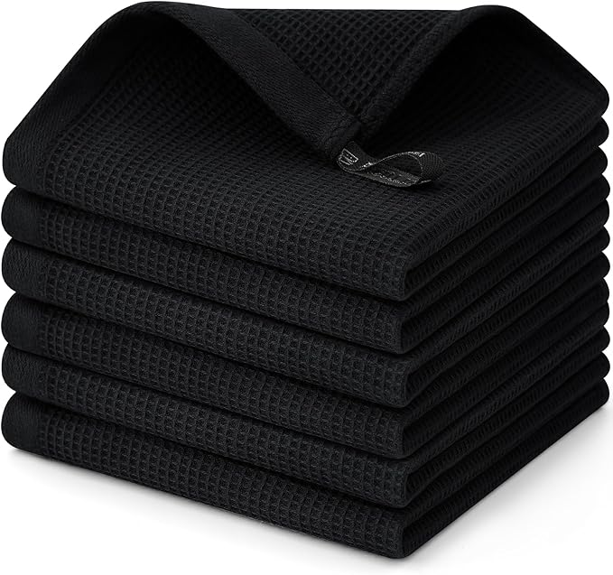 Homaxy 100% Cotton Waffle Weave Dish Cloths - 6 Pack Soft and Absorbent Dish Towels - 12 x 12 Inches Quick Dry Dish Rags - Black