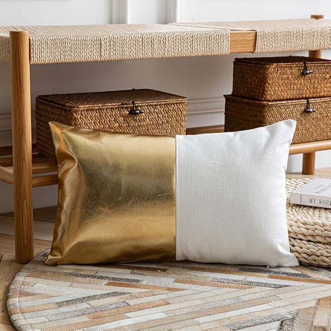 DEZENE Leather Throw Pillow Covers, Set of 2 Modern Leather/Cotton Decorative Pillowcases for Home Decor Bedroom Living Room Couch Bed Sofa, 12x20 Inch, Gold and White