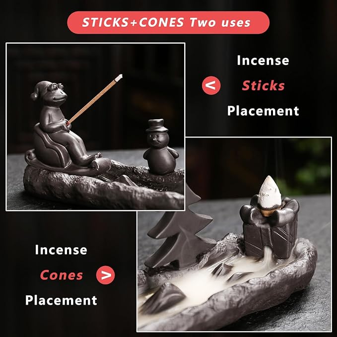 ChangWanna Christmas Frog Incense Burner - Xmas Incense Holder Ash Catcher, Ceramic Cone Backflow Incense Stand Smoke Fountain with 45 Sticks & 12 Cones, Frog Ornament for Aromatherapy/Yoga/Home Decor