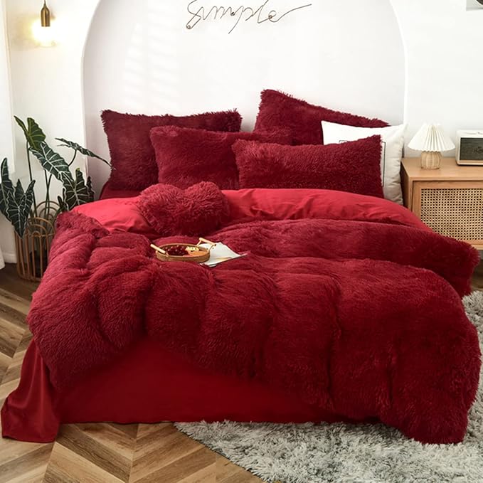 MorroMorn 5 PCS Shaggy Duvet Cover Bedding Set - Fluffy Comforter Cover Long Faux Fur Luxury Ultra Soft Cozy (Dark Red, King/California King)