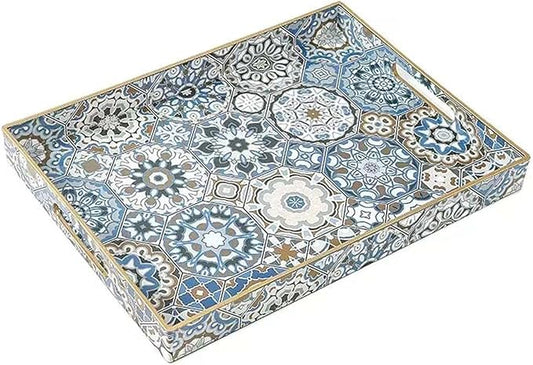 Large Serving Tray with Handles,Rectangle Plastic Serving Tray,Bohemian Blue Ottoman Trays Coffee Table Trays for Living Room,Decorative Tray for Coffee Table 16" x 12"