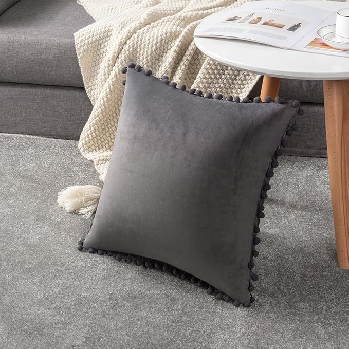 DEZENE Throw Pillow Covers 20x20 Dark-Grey: 2 Pack Cozy Soft Pom-poms Velvet Square Decorative Pillow Cases for Farmhouse Home Decor