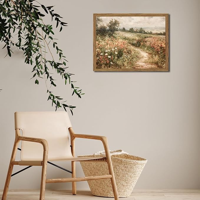 Framed 3D Textured Wall Art, Vintage Landscape Wall Decor Painting, Hand Drawn Sandstone Country Watercolor Floral Pictures Artwork for Living Room Bedroom Home Decor 12x16 inch Wood Frame