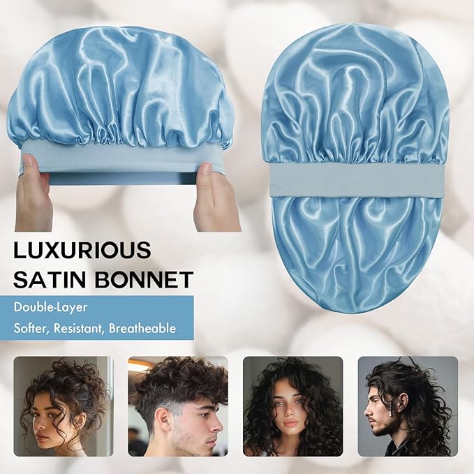 Satin Silk Bonnet for Sleeping, Double Layer Silk Sleep Cap for Men & Women, Soft Satin Lined Bonnet for Natural & Curly Hair(Light Blue)