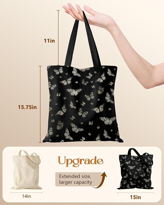 Canvas Tote Bag for Women – Aesthetic Canvas Bag with Zipper Cute Stylish Reusable Shoulder Totes for Shopping Work Daily Vacation, Black Butterfly