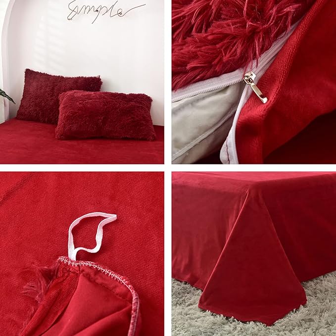MorroMorn 5 PCS Shaggy Duvet Cover Bedding Set - Fluffy Comforter Cover Long Faux Fur Luxury Ultra Soft Cozy (Dark Red, King/California King)