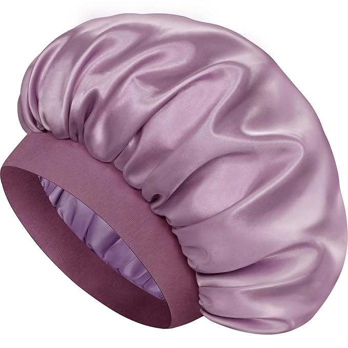 Satin Silk Bonnet for Sleeping, Double Layer Silk Sleep Cap for Men & Women, Soft Satin Lined Bonnet for Natural & Curly Hair(Dark Purple)