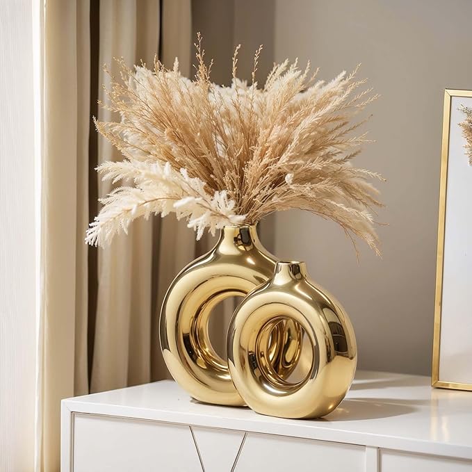 Glossy Gold Ceramic Vase Set of 2,Round Donut Hollow Flower Vases for Home Decor Accents,Modern Minimalist Centerpiece Table Decorations,Wedding,Living Room,Bookshelf,Office,Entryway