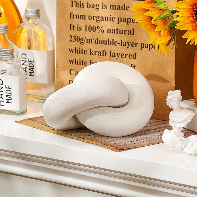 Yalikop 2 Link Wood Chain Link Decor Coffee Table Wooden Knot Decor Hand Carved Modern Farmhouse Ornament Boho Rustic Natural Chain Items for Home Living Room Bedroom Shelf Decorations(White)