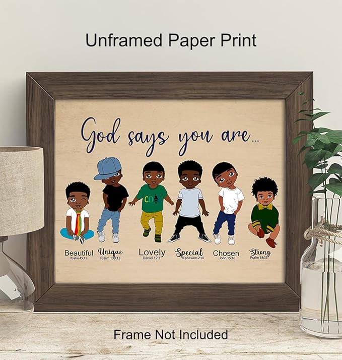 African American Boys Wall Art LARGE 11x14 - Christian Gifts - Bible Verse - Religious Wall Decor for Boys Room - Scripture Wall Art - Black Art - Inspirational Quotes - Bedroom Decor - God Wall Decor