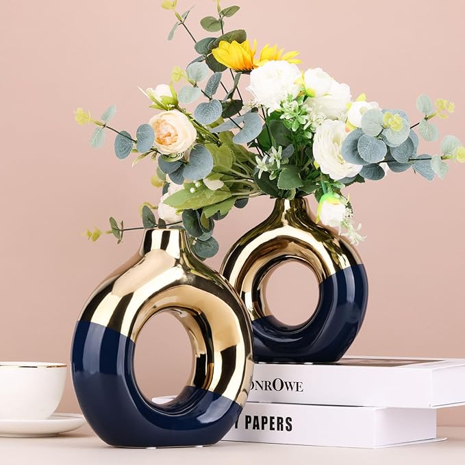 Navy Blue and Gold Ceramic Vase Set of 2,Round Donut Hollow Flower Vases for Home Decor Accents,Modern Minimalist Centerpiece Table Decorations,Wedding,Living Room,Bookshelf,Office,Entryway
