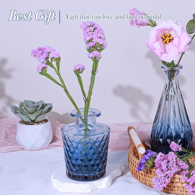 Navy Blue Glass Bud Vases Set of 5, Mini Flower Vase for Centerpieces, Small Clear Vases in Bulk for Wedding Decorations, Vintage Vase for Table, Graduation, Home Décor