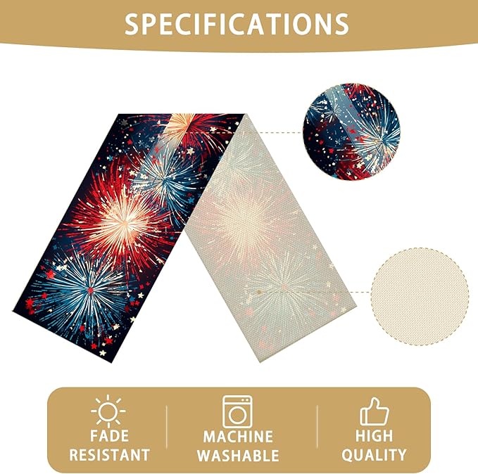 Blue Red Fireworks Burlap Table Runner Seasonal Spring Fall Kitchen Dining Linen Table Decoration for Indoor Outdoor Home Party Dinner 13x72 Inch