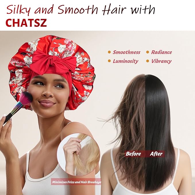 Silk Bonnet for Sleeping Women Satin Hair Cap with Tie Brand Curly Hair Sleep Protection Silk Head Wrap Double Layer - Red