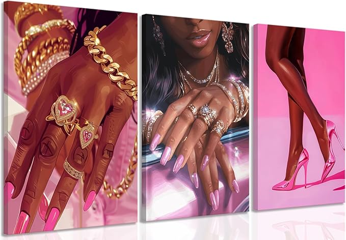Pink Fashion Black Girl Canvas Wall Art Set of 3 African American Black Woman Posters Wall Decor Fashion Black Woman Pictures Prints for Living Room Bedroom Artwork Home Decoration 12x16Inch Framed