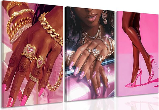 Pink Fashion Black Girl Canvas Wall Art Set of 3 African American Black Woman Posters Wall Decor Fashion Black Woman Pictures Prints for Living Room Bedroom Artwork Home Decoration 12x16Inch Framed