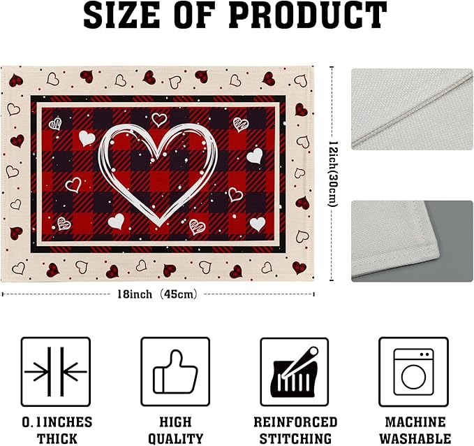 Giwawa Valentine Decorative Placemats Set of 4-12"x18" Love Heart Place Mat with Red Black Buffalo Plaids- Romantic Wedding Anniversary Linen Table Mats for Kitchen Dining Holiday Decor