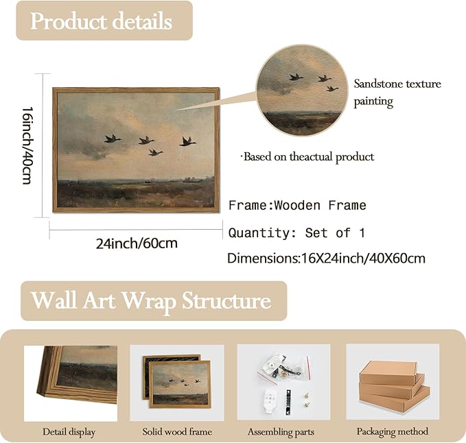 Vintage Flying Duck Wall Art, Rustic Landscape Wall Decor Retro Bird Painting Nature Wilderness 3D Textured Hand Drawn Sandstone Artwork Aesthetics for Bedroom Living Room 16x24 inch Wood Framed