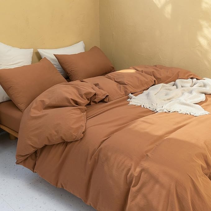 FOSSA Duvet Cover Set 100% Washed Cotton Linen Feel Super Soft Breathable Cozy 3 Pieces Bedding Sets Solid Dark Orange Oversized Queen