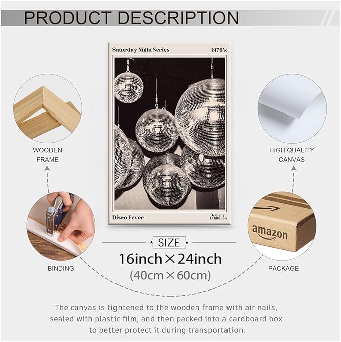 70s Disco Ball Newspaper Wall Art Vintage Black and White Art Posters 16x24 inch Framed Funky Aesthetic Canvas Prints Retro Bar Cart Decor for Bar Bedroom