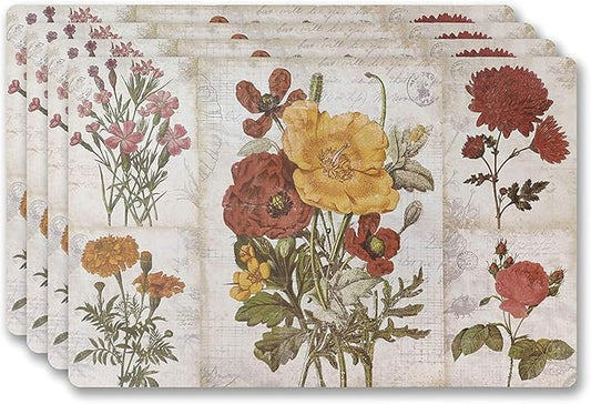Vinyl Rectangular Placemats Set of 4 - Non Slip Place Mats Ideal for Indoor and Outdoor Dining Table - Washable and Heat Resistant Fall Placemats for Kitchen Tables (Flowers)