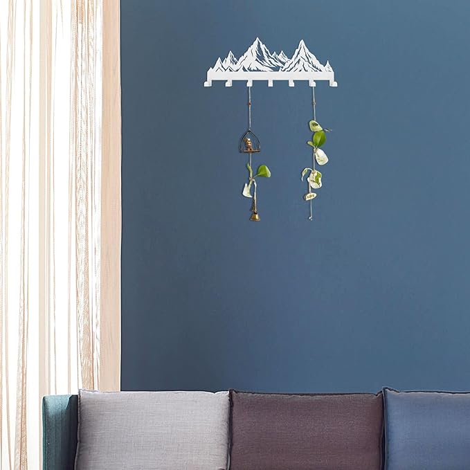 Key Holder Wall Mounted Key Hooks, White Metal Key Rack Hooks, Mountain Theme Wall Decoration Hooks, with 7 Hooks, Applicable to Front Doors, Lobby,Corridor, Offices (12 ")