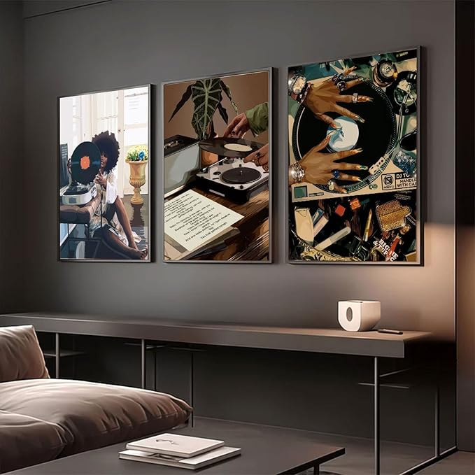 3Pcs Black Woman Art Poster African American Women Canvas Wall Art Funky Black Girl Record Music Posters prints for Modern Black Woman Bedroom Home Decoration 12x16in Unframed