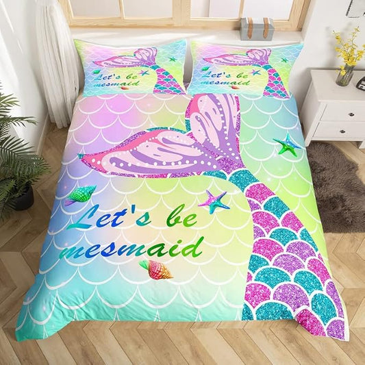 Feelyou Mermaid Duvet Cover Set Pink Teal Purple Scales Comforter Cover for Girls Rainbow Bedding Set 1 Duvet Cover & 2 Pillowcases