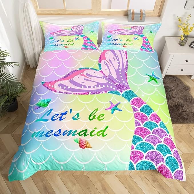 Feelyou Mermaid Duvet Cover Set Pink Teal Purple Scales Comforter Cover for Girls Rainbow Bedding Set 1 Duvet Cover & 1 Pillowcase