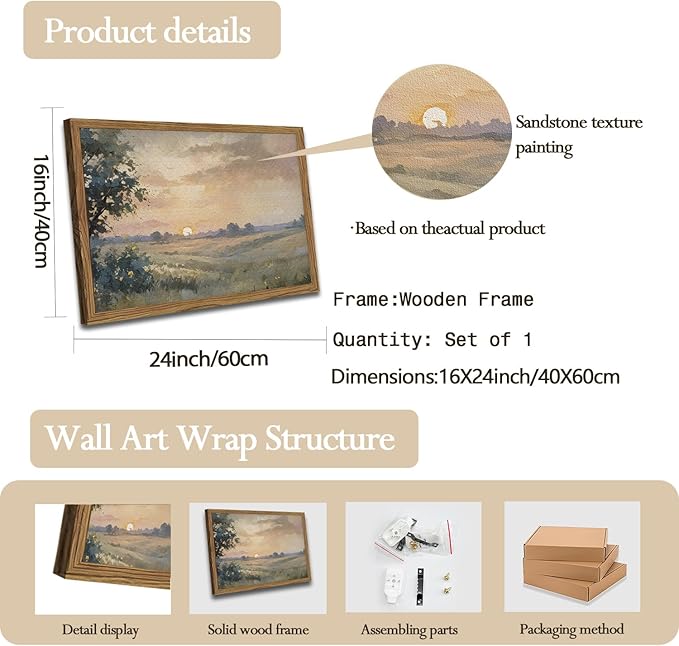 Framed 3D Textured Wall Art, Vintage Fall Sunset Wall Decor Painting, Hand Drawn Sandstone Nature Watercolor Landscape Pictures for Living Room Bedroom Home Decor 16x24 inch Wood Frame