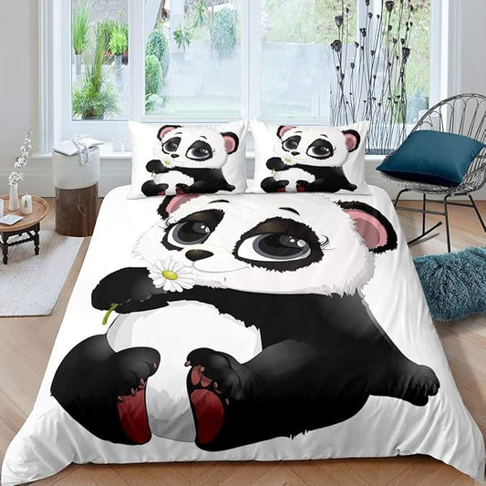 Feelyou Panda Bedding Set for Boys Girls King Size Cute Giant Panda Duvet Cover Set Kids Toddler Cartoon Animal Pattern Comforter Cover with 2 Pillowcases