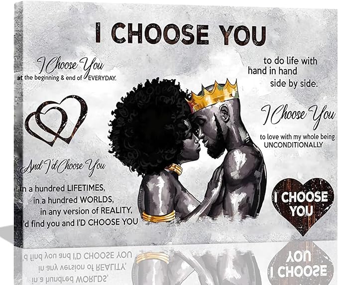 Framed African American Canvas Prints Black Couple I Choose You Poster Black King and Queen Wall Art Afro Black Romantic Couple Wall Art for Bedroom Living Room Decor(Black couple, 24in×16in)
