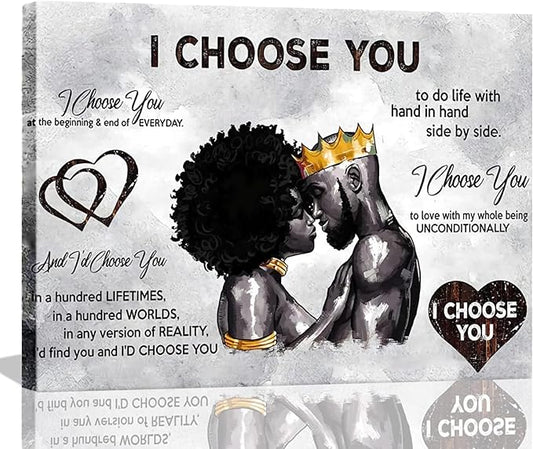 Framed African American Canvas Prints Black Couple I Choose You Poster Black King and Queen Wall Art Afro Black Romantic Couple Wall Art for Bedroom Living Room Decor(Black couple, 16in×12in)
